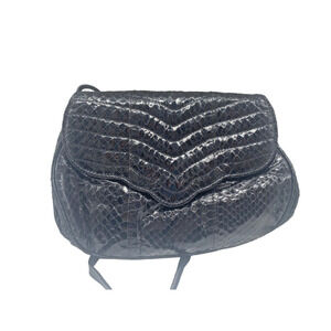 Vtg 80s Lord & Taylor Crossbody Purse Black Metallic Faux Crocodile Made Italy